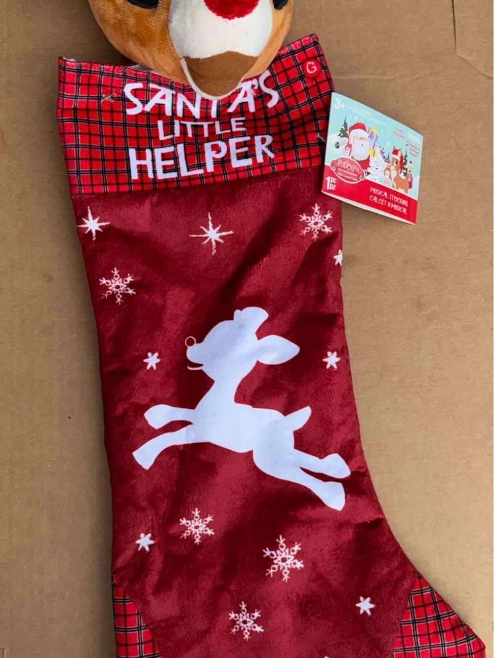 Santa's Little Helper Red Holiday Stocking with Reindeer Plush G8